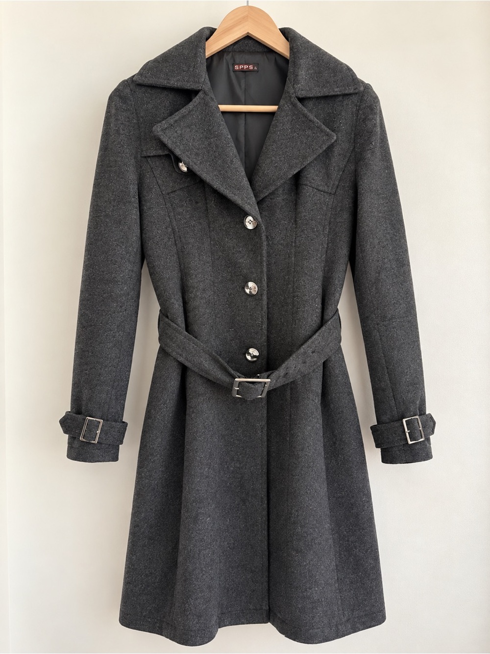 Japanese Style Charcoal Gray Wool Coat Trench Coat Slim Fit Belted M/L